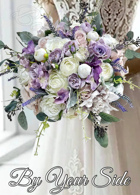 Silk Rose bouquet lavender, lilac Ivory round  Bridal flowers image 0