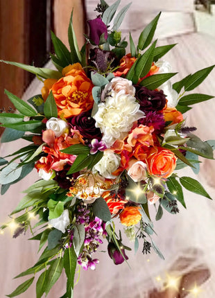 Artificial Wedding Flowers Orange, Plum, Ivory Teardrop Bridal Bouquet with Ca image 9