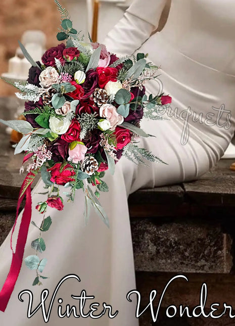 Artificial Wedding Flowers in Burgundy Red Cascading wintry Bridal Bouquet image 0