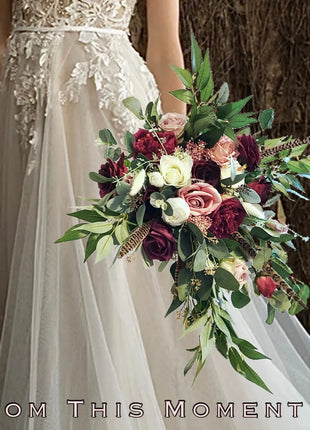 Scottish bridal bouquet with roses pheasant feather, dusky pink, red, Ivory image 0