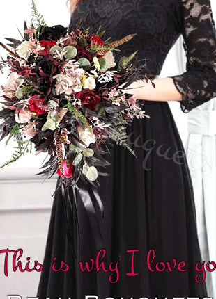 Silk Rose, black ruscus leaf Bride Bouquet Wedding Flowers in black, pink, Ivory image 0