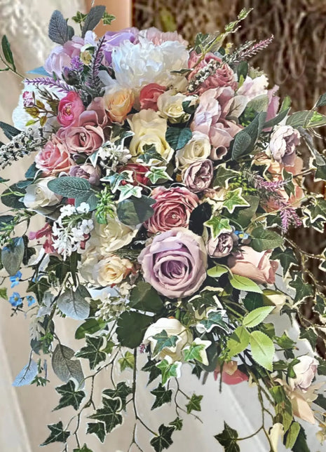 Silk Rose with trailing ivy bouquet -lilac, pink, Ivory Teardrop Bridal Bouquet image 1