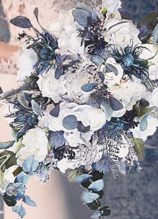 Silk Cascade Bridal Bouquet Roses, Peony in  Blue,  navy, Ivory image 3