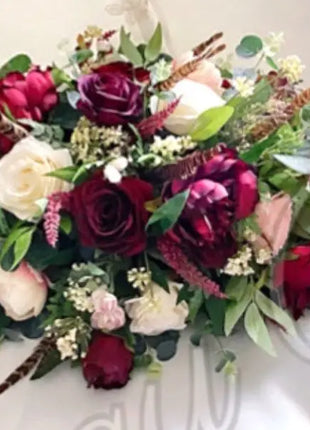 Scottish bridal bouquet with roses pheasant feather,  blue, red, Ivory blush  image 6