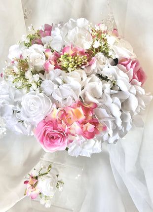 Ready to Send White, Cerise Artificial bridal bouquet | Rose and hydrangea image 2