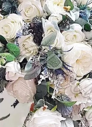 Cascading Scottish Blue Thistle Bridal Bouquet with White & Ivory silk Rose image 2