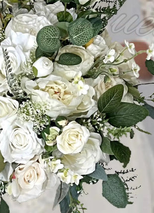 Artificial Roses, Peonies in White Ivory Round Spray Bridal Bouquet Wedding Fl image 6