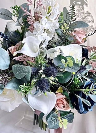 Silk Artificial Rose bouquet, blush, navy, Ivory round  Bridal flowers image 2