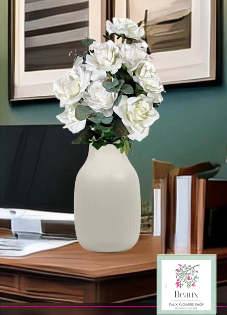 Ivory,  White Large Head Garden Rose , Faux Floral Arrangement , Tower Terrace  image 0