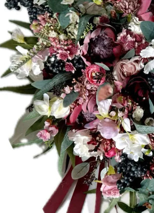 Cascading Bridal Bouquet, Artificial Wedding Flowers in Burgundy, Pink, Mauve image 3