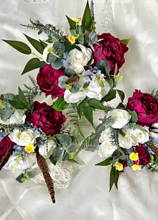Scottish bridal bouquet with roses pheasant feather, blue ,yellow, red, Ivory image 3