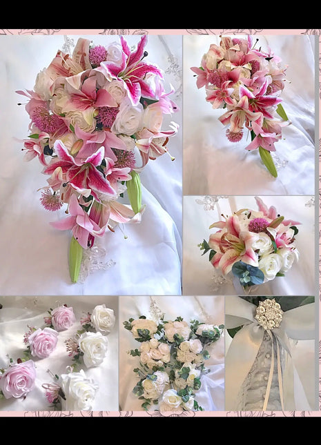 Bridal Cascade Bouquet, Artificial Wedding Flowers in cerise, pale pink, ivory image 1