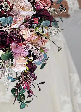 Silk Rose, pheasant feather Bride Bouquet Wedding Flowers | black, pink & Ivory image 7