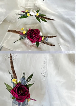 Scottish bridal bouquet with roses pheasant feather, blue ,yellow, red, Ivory image 1