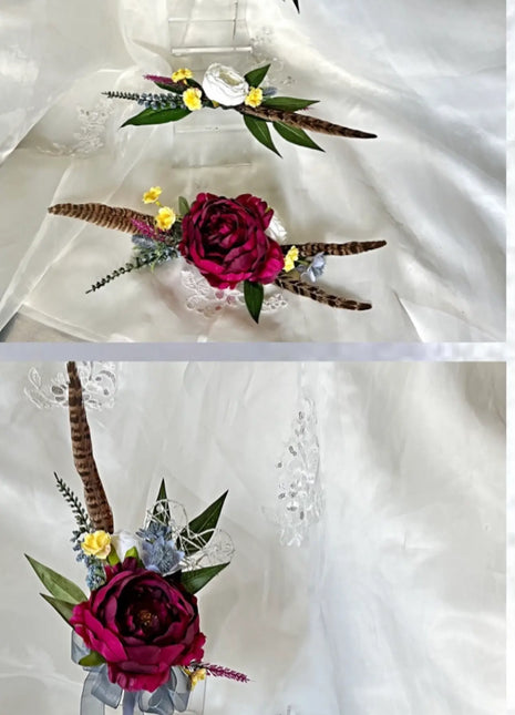 Scottish bridal bouquet with roses pheasant feather, blue ,yellow, red, Ivory image 1
