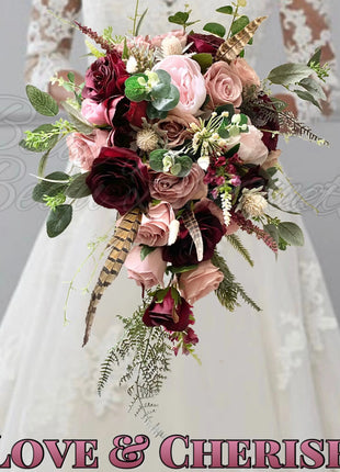 Scottish bridal bouquet, roses pheasant feather, dusky pink, burgundy image 0