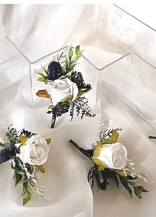 Scottish thistle, rose Bridal Bouquet, Artificial Flowers in White, Ivory, Blue image 1