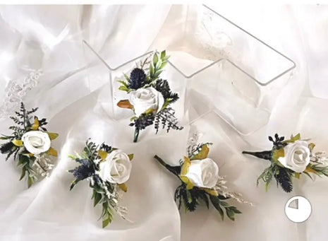 Scottish thistle, rose Bridal Bouquet, Artificial Flowers in White, Ivory, Blue image 1