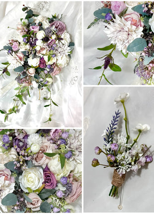 Artificial Silk flower Bridal Bouquet Roses,, Peony flowers -lilac mauve, Ivory image 2