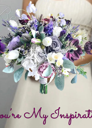 Silk Rose, lilacs, ranunculus bouquet-purple, mauve, Ivory round  Bridal flowers image 0