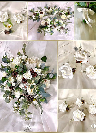 Wintry, Christmas bride bouquet in white, Ivory, cream with fir cones 10pc image 13