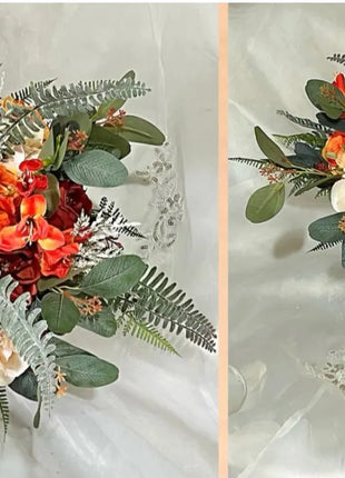 Artificial Wedding Flowers in Orange, Plum, Ivory Teardrop Bridal Bouquet image 1