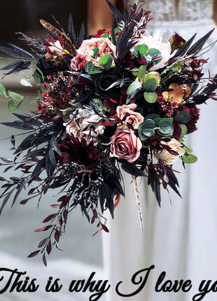 Silk Rose, black bamboo leaf Bride Bouquet Wedding Flowers | black, pink & Ivory image 0