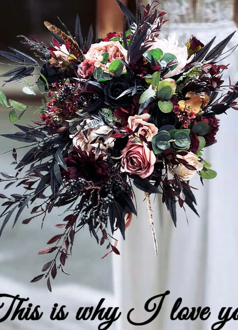 Silk Rose, black bamboo leaf Bride Bouquet Wedding Flowers | black, pink & Ivory image 0