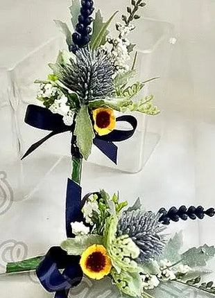 Silk sunflower, rose bouquet - yellow, amber, blue, Ivory round  Bridal flowers image 3