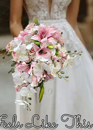 Teardrop Bridal Bouquet, Artificial Wedding Flowers  in cerise, pale Pink, ivory image 0