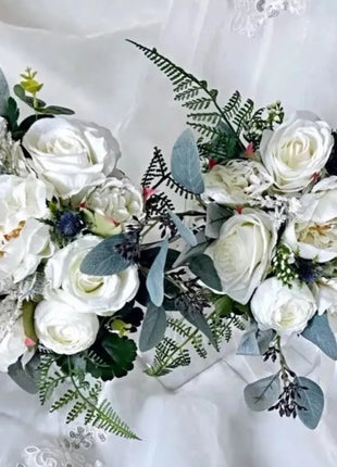 Scottish Bridal bouquet in white, Ivory,  blue with Thistle peony, roses 5pc image 3