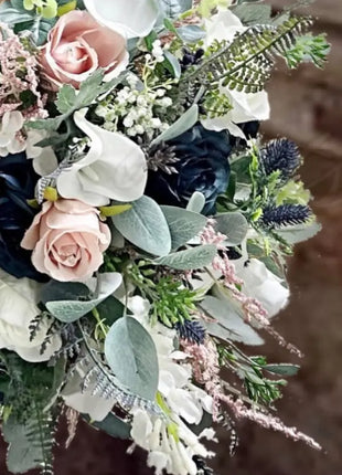 Silk Artificial Rose bouquet, blush, navy, Ivory round  Bridal flowers image 7