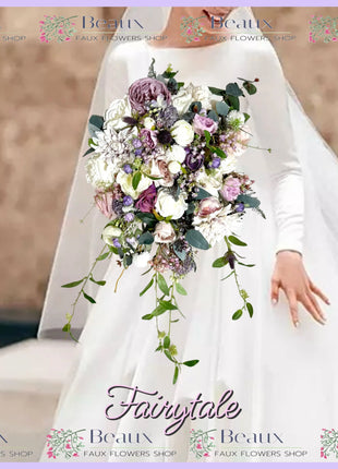 Artificial Silk flower Bridal Bouquet Roses,, Peony flowers -lilac mauve, Ivory image 4