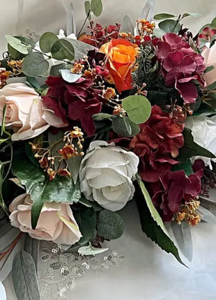 Artificial Wedding Flowers: Orange, Plum & Ivory Teardrop Bridal Bouquet with Ca image 2