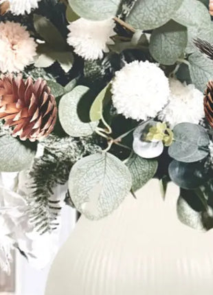 Winter  whites Floral vase decor with dahlia poms, hydrangea, Spruce pine cones  image 6