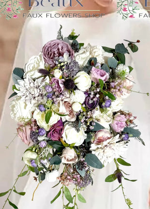 Artificial Silk flower Bridal Bouquet Roses,, Peony flowers -lilac mauve, Ivory image 5