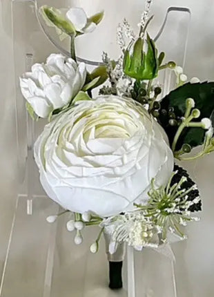 Artificial Roses, Peonies in White Ivory Round Spray Bridal Bouquet Wedding image 2