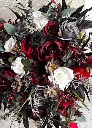 Silk Rose, bamboo leaf Bride Bouquet Wedding Flowers in black, red, grey, Ivory image 3