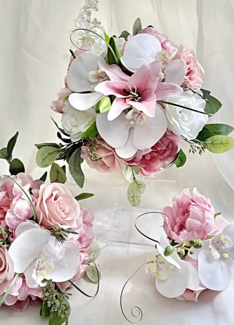 Teardrop Bridal Bouquet, Artificial Wedding Flowers  in cerise, pale Pink, ivory image 1