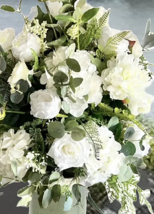 Silk white Floral vase Arrangement, Rose, Gypsophila,  Peony shades of white image 1