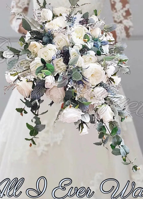 Cascading Scottish Blue Thistle Bridal Bouquet with White & Ivory silk Rose image 0