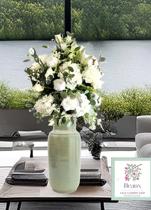 Silk white Floral vase Arrangement, Rose, Gypsophila,  Peony shades of white image 0