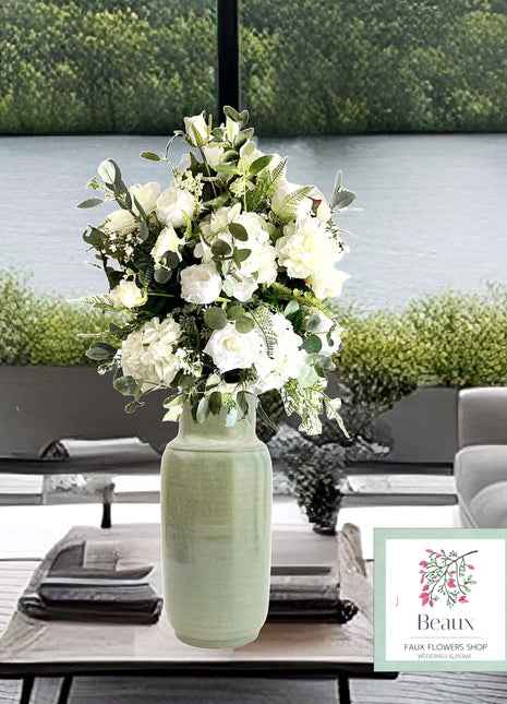 Silk white Floral vase Arrangement, Rose, Gypsophila,  Peony shades of white image 0