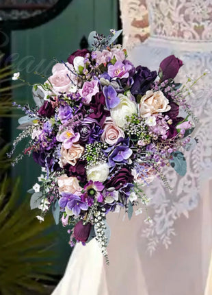 Silk Rose, lilacs bouquet purple, mauve, Ivory teardrop Bridal flowers image 7