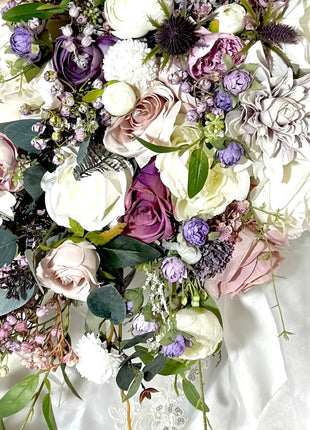 Artificial Silk flower Bridal Bouquet Roses,, Peony flowers -lilac mauve, Ivory image 7