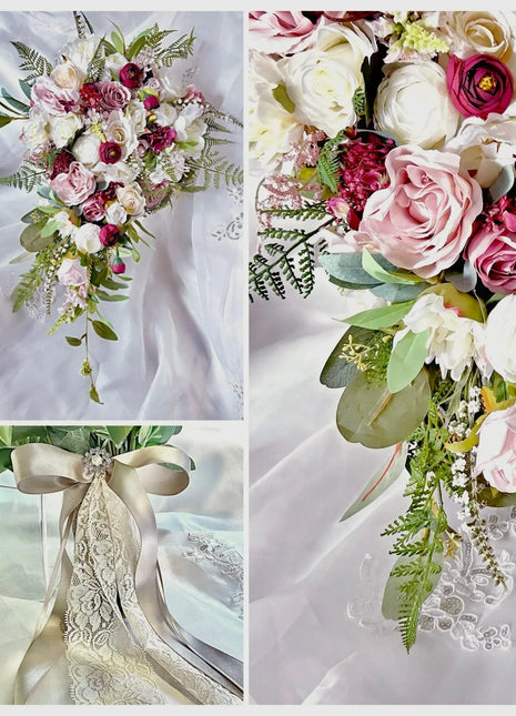 Teardrop Bridal Bouquet, Artificial Wedding Flowers in Burgundy, Pink, ivory image 1