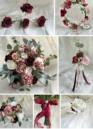 Silk Artificial Rose bouquet, pink, burgundy , Ivory round  Bridal flowers image 1