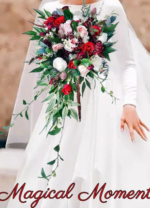 Teardrop Bridal Bouquet - Artificial Wedding Flowers Burgundy, Pink & ivory image 0