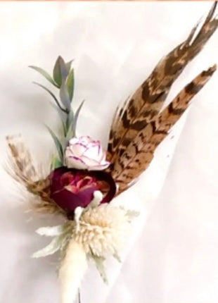 Scottish bridal bouquet with roses pheasant feather,  blue, red, Ivory blush  image 4