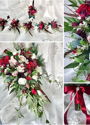 Teardrop Bridal Bouquet - Artificial Wedding Flowers Burgundy, Pink & ivory image 6